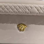 Creamy Ivory Upholstered Bed with Diamond-Quilted Detailing, Gilded Emblem & High-Gloss Natural Wood Veneer Trim